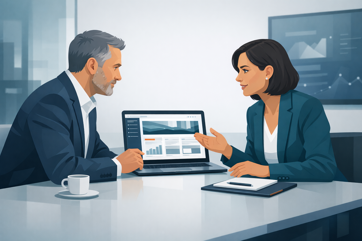 Geschäftsführer und Beraterin sitzen am Besprechungstisch, Laptop zeigt eine Website, beide diskutieren konzentriert