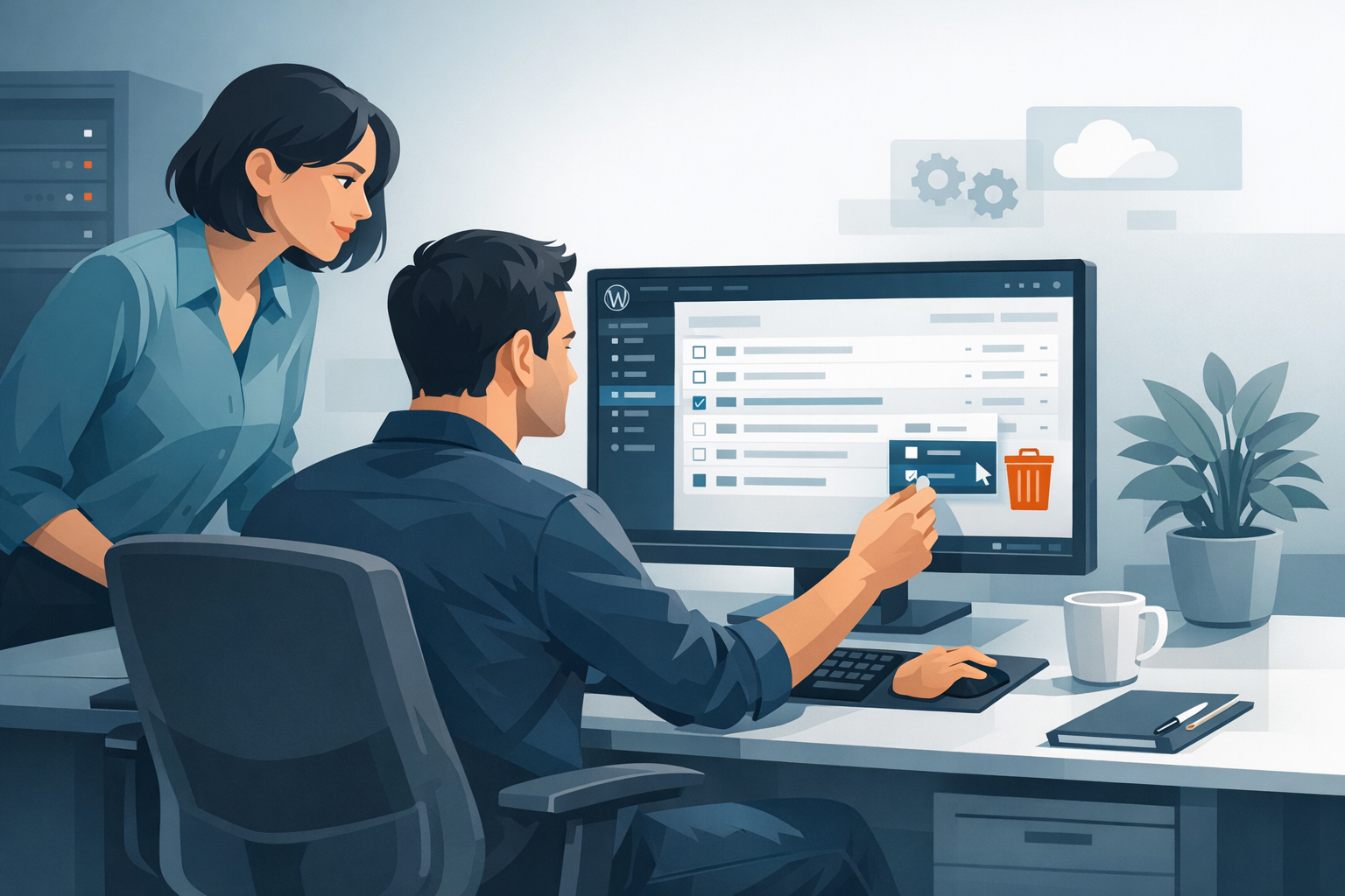 IT-Mitarbeiter bereinigt WordPress-Backend am Schreibtisch, Kollegin schaut interessiert über die Schulter