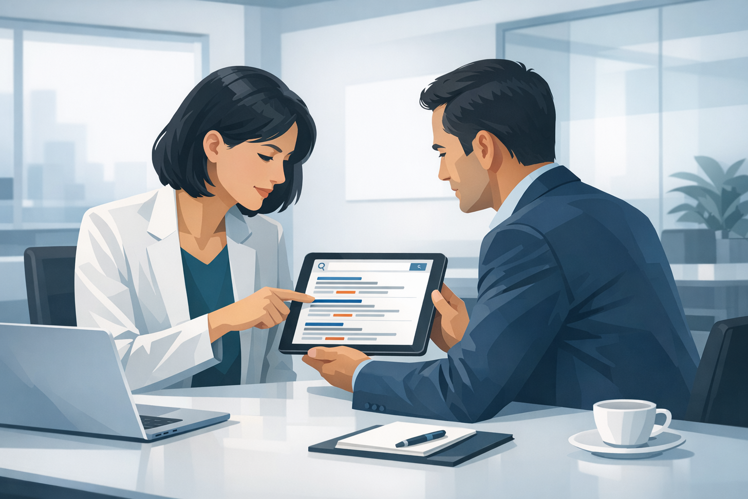 Zwei Geschäftsleute betrachten Suchmaschinen-Ergebnisse auf einem Tablet in einem hellen Besprechungsraum