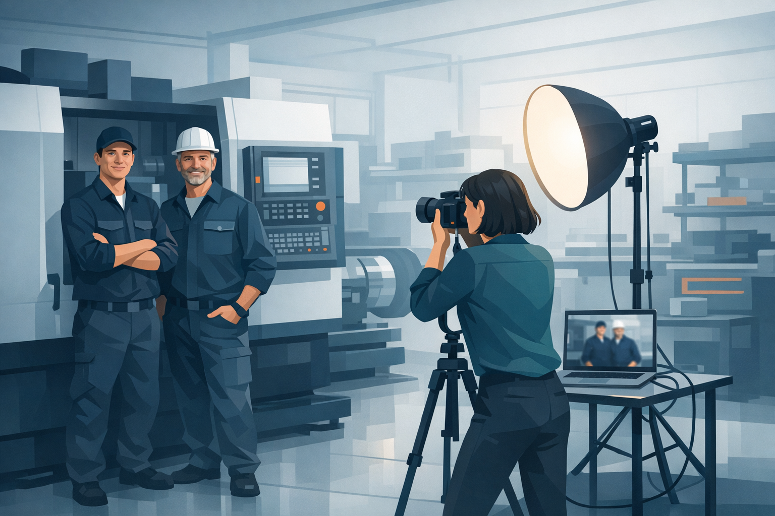 Fotografin macht Firmenporträts in einer Werkstatt, Mitarbeiter posieren vor einer Maschine