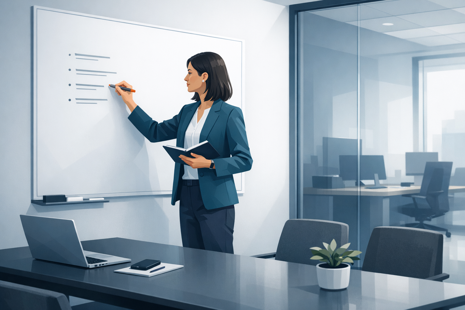 Geschäftsführerin notiert Stichpunkte auf einem Whiteboard in einem kleinen Besprechungsraum