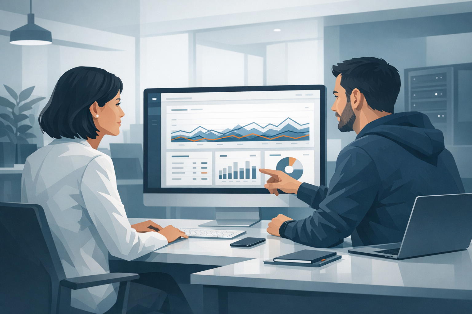 Unternehmerin und Webentwickler schauen gemeinsam auf einen Bildschirm mit Website-Analytics in einem modernen Büro