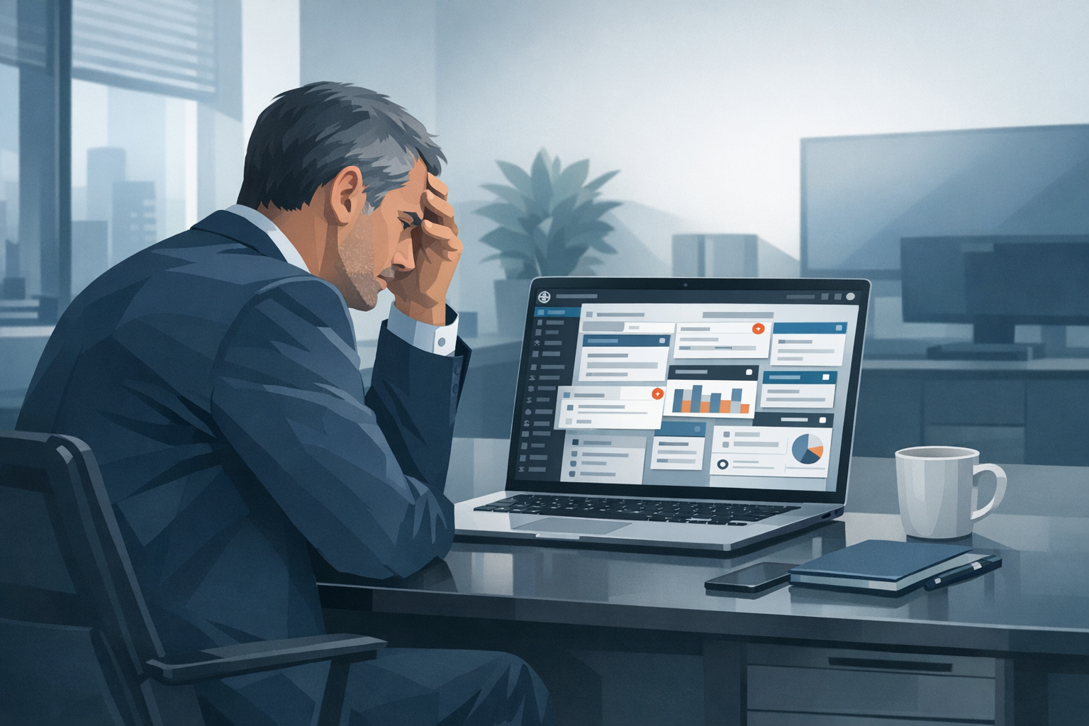 Geschäftsführer sitzt ratlos vor Laptop mit unübersichtlichem WordPress-Dashboard