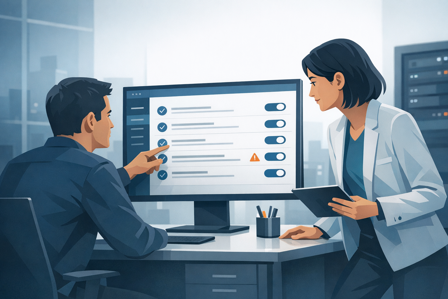 Zwei Fachleute prüfen gemeinsam eine Plugin-Liste auf einem Bildschirm im Büro