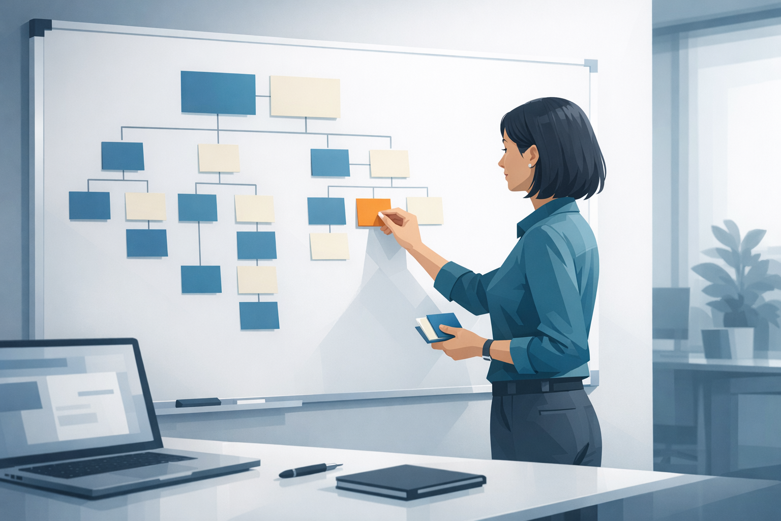 Frau erstellt übersichtliche Seitenstruktur mit Post-its an einem Whiteboard