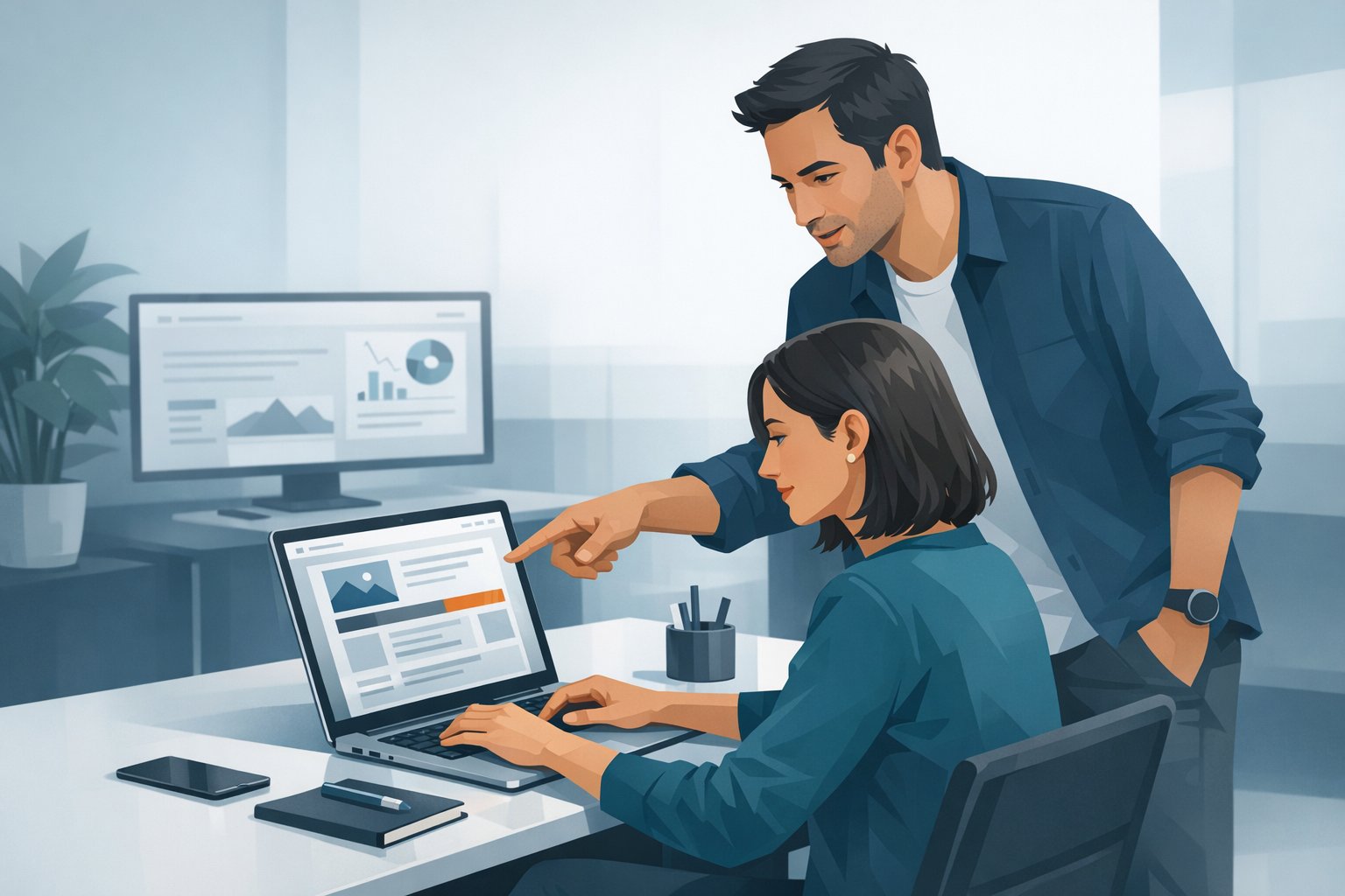 Mitarbeiterin bearbeitet Website-Inhalte am Laptop, Kollege erklärt etwas dazu