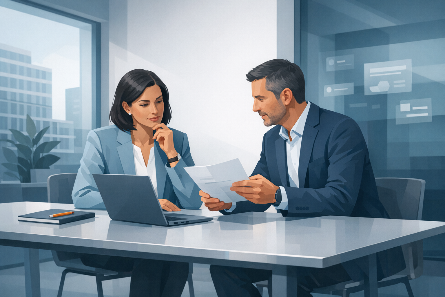 Geschäftsführerin und Berater besprechen Angebot an einem Besprechungstisch mit Laptop