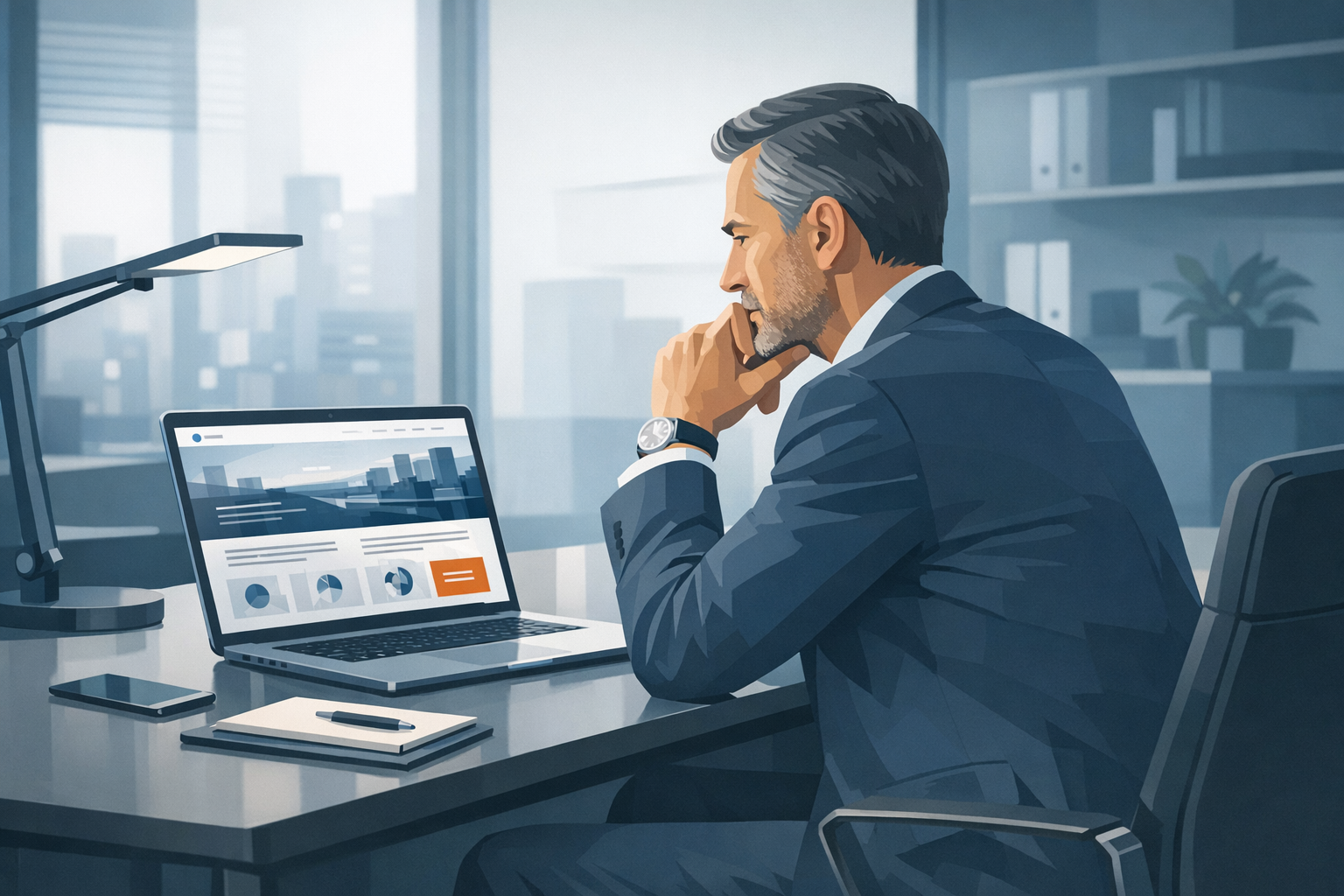 Geschäftsführer betrachtet nachdenklich seine Unternehmenswebsite auf einem Laptop am Schreibtisch