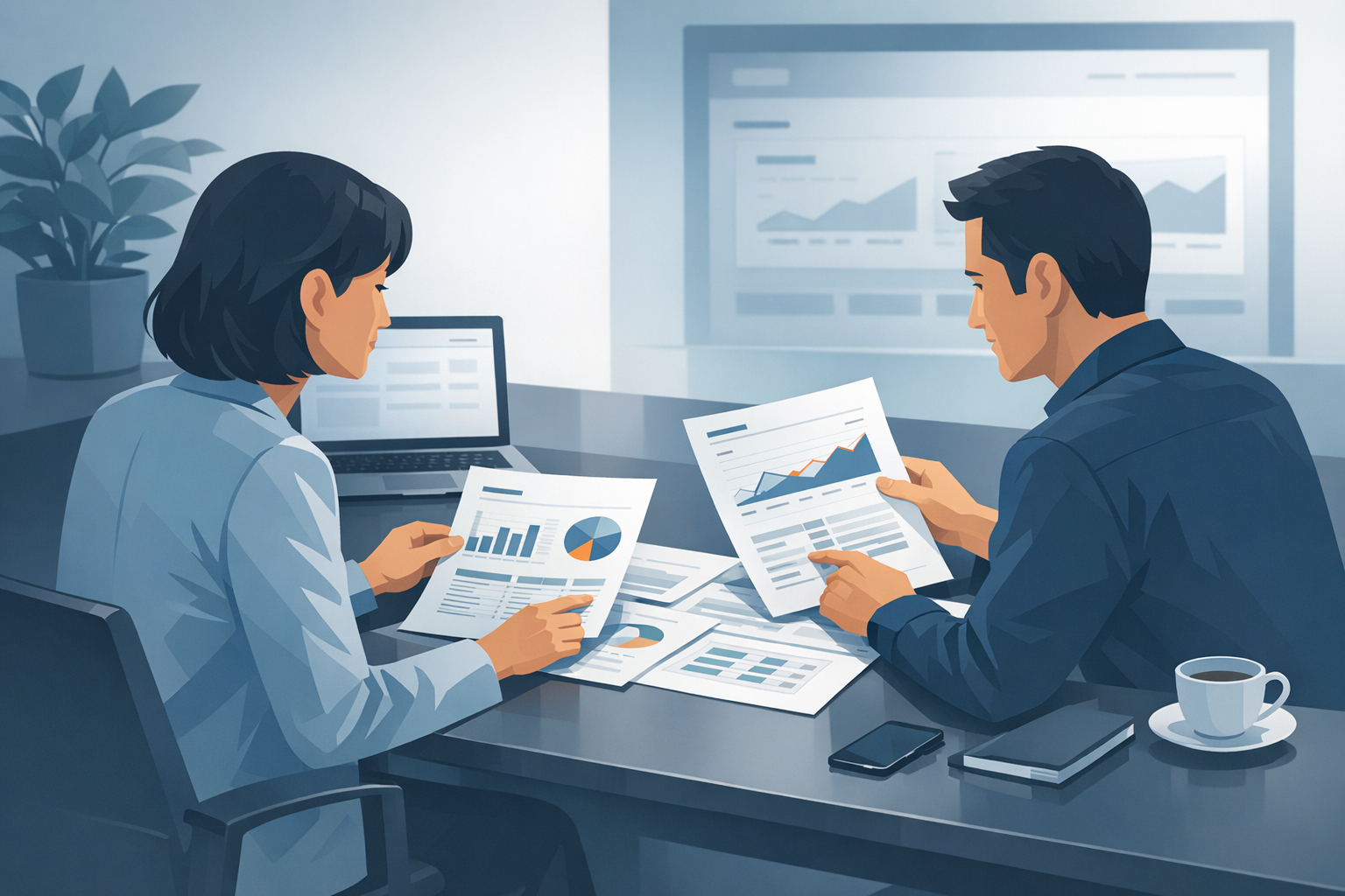 Zwei Personen sichten gemeinsam ausgedruckte Website-Analysen an einem Besprechungstisch