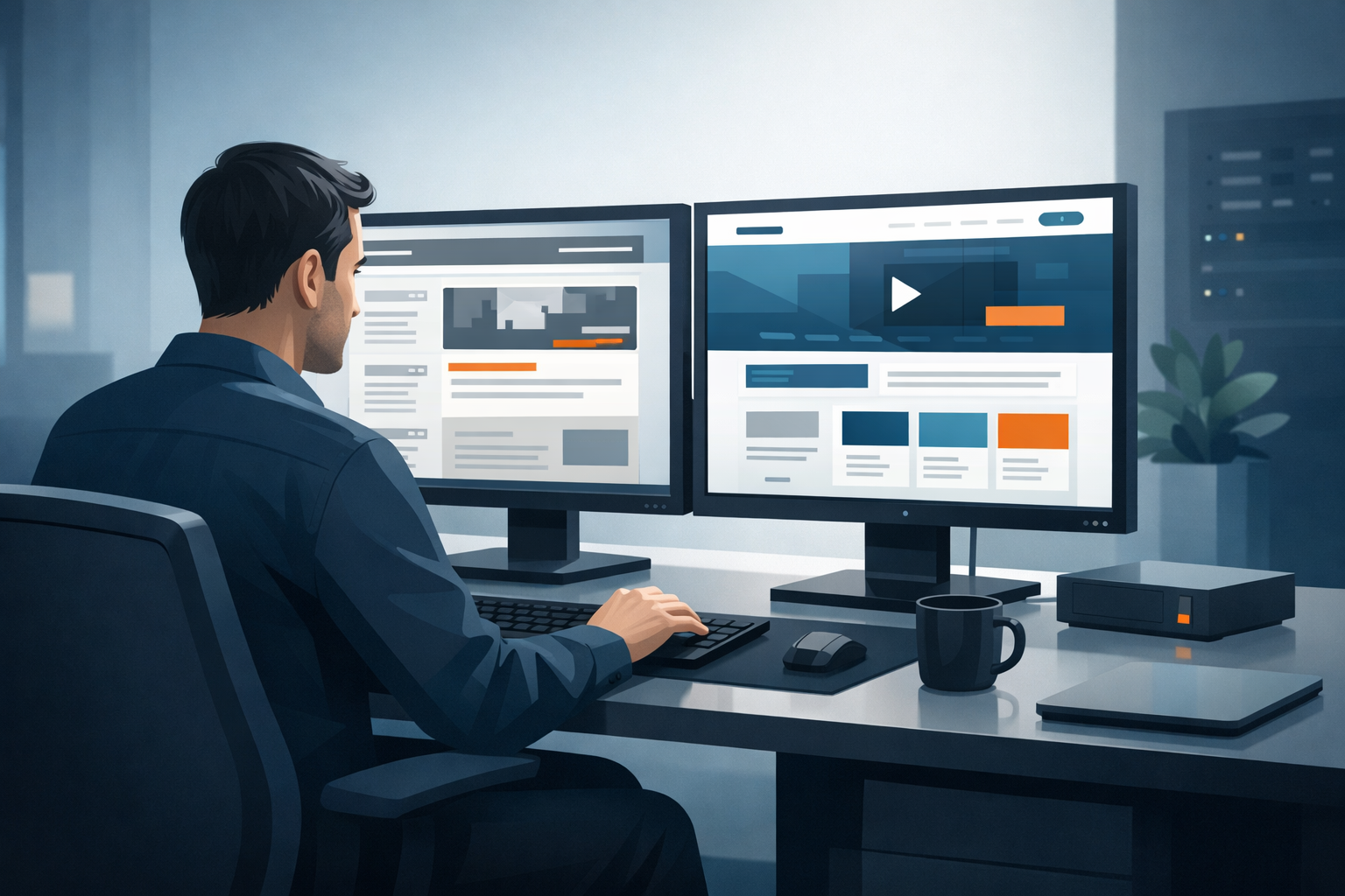 Entwickler arbeitet konzentriert an zwei Bildschirmen, alter und neuer Websitestand nebeneinander