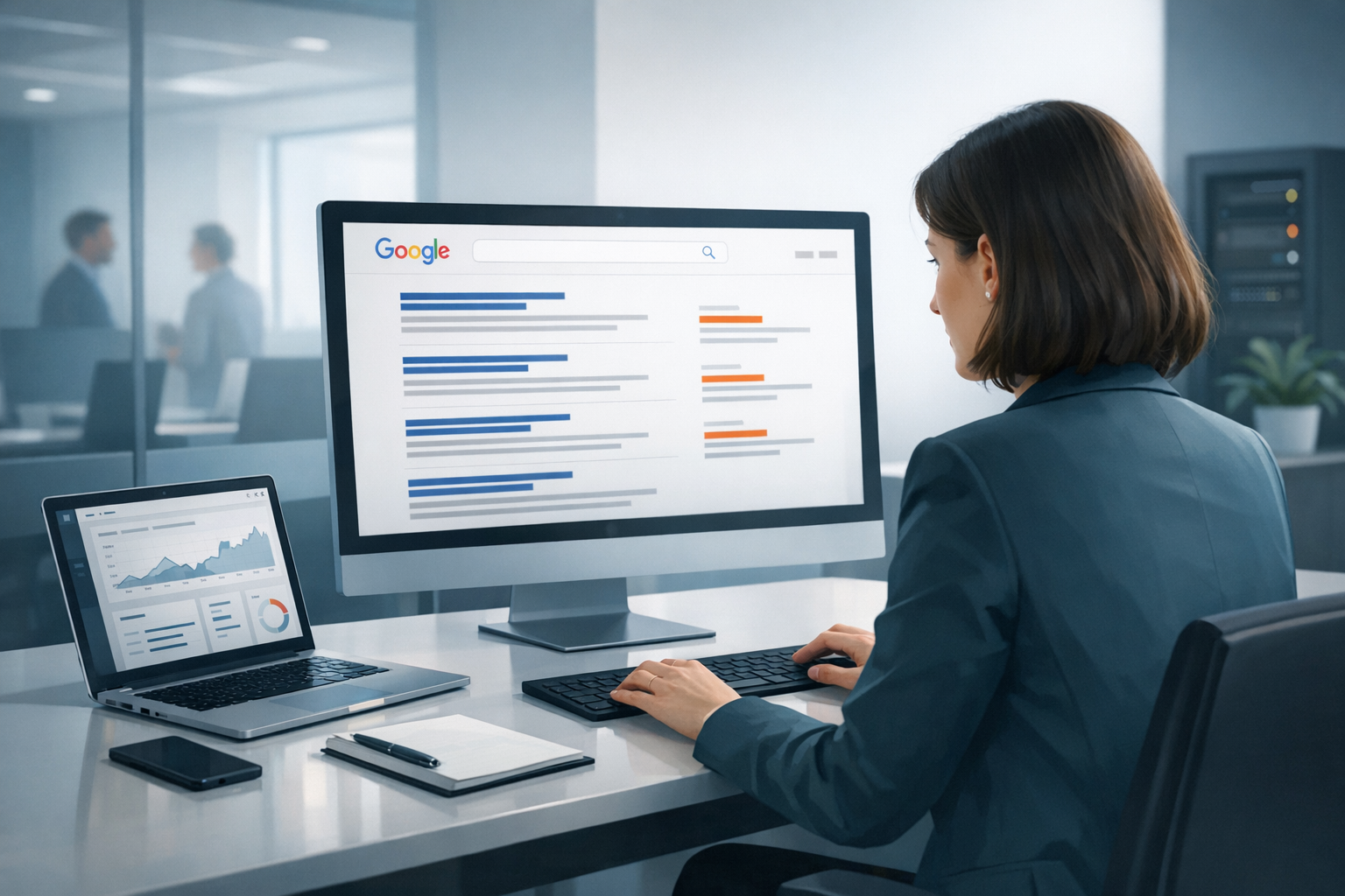 Marketingverantwortliche prüft Google-Suchergebnisse am Arbeitsplatz nach einem Website-Relaunch