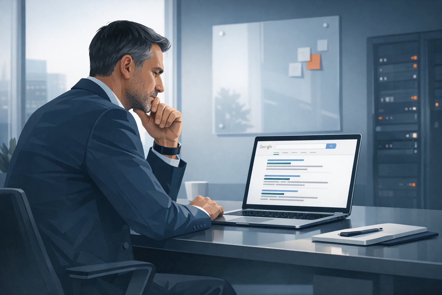 Geschäftsführer sitzt nachdenklich vor Laptop und betrachtet Google-Suchergebnisse ohne seine Firma