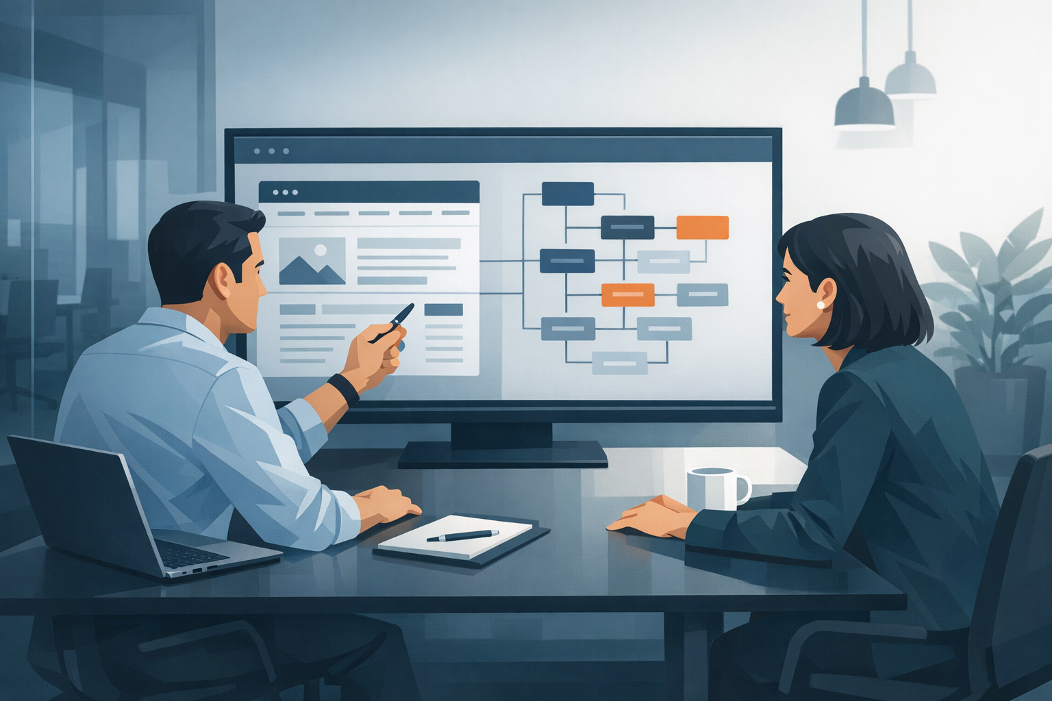 Zwei Kollegen prüfen gemeinsam die technische Struktur einer Website am Bildschirm im Besprechungsraum