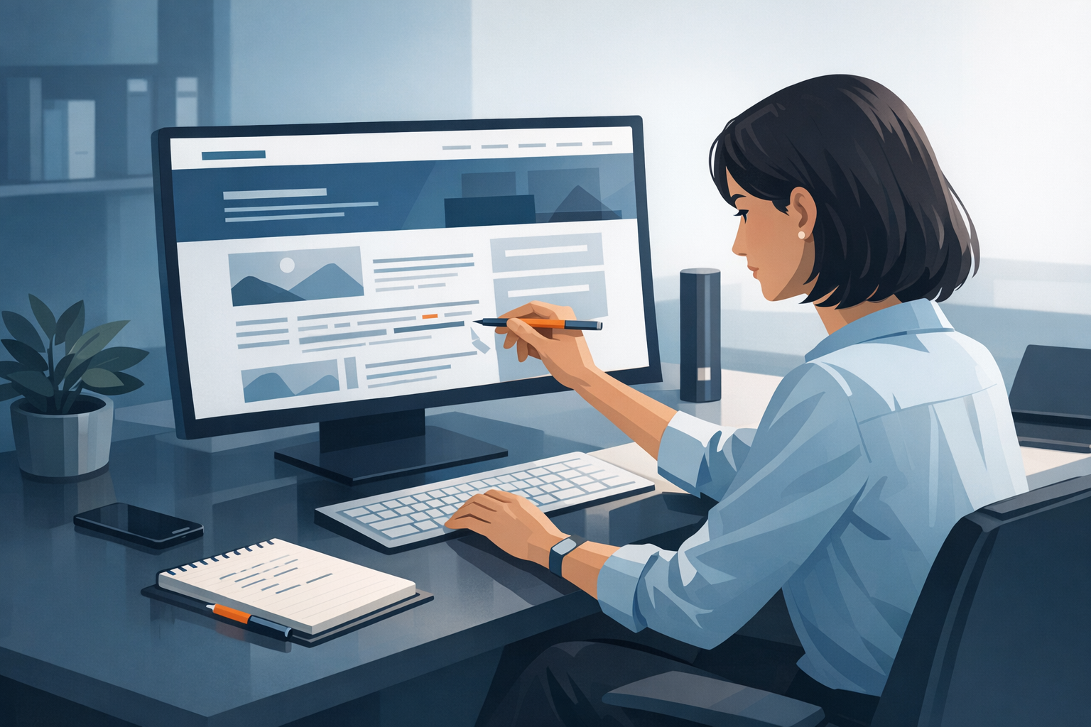 Frau an Schreibtisch überarbeitet Texte auf Unternehmenswebsite, Notizblock neben der Tastatur