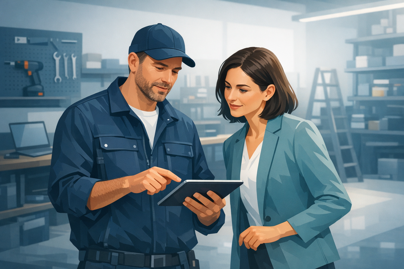 Handwerksmeister zeigt Kundin etwas auf dem Tablet, Werkstatt im Hintergrund